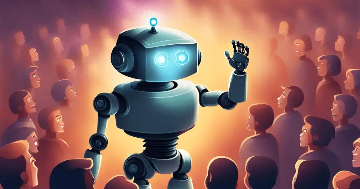A friendly robot with glowing eyes and a small antenna on its head stands on a stage, addressing a captivated audience. The crowd, composed of diverse individuals, is illuminated by warm,...