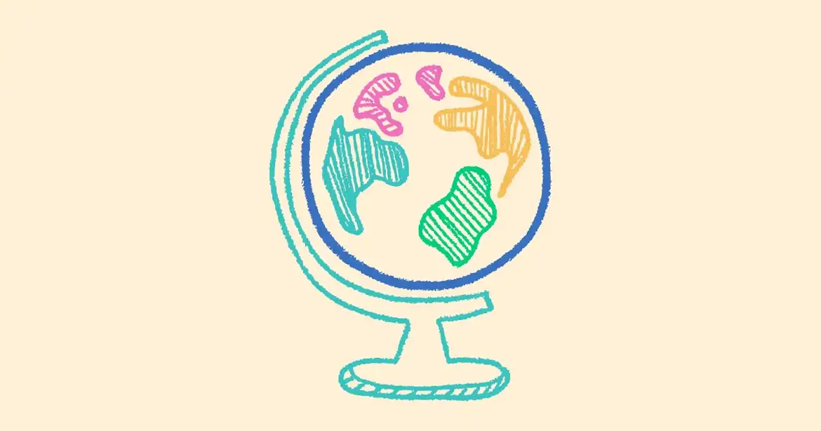 Illustration of a globe with continents in different colors on a beige background.