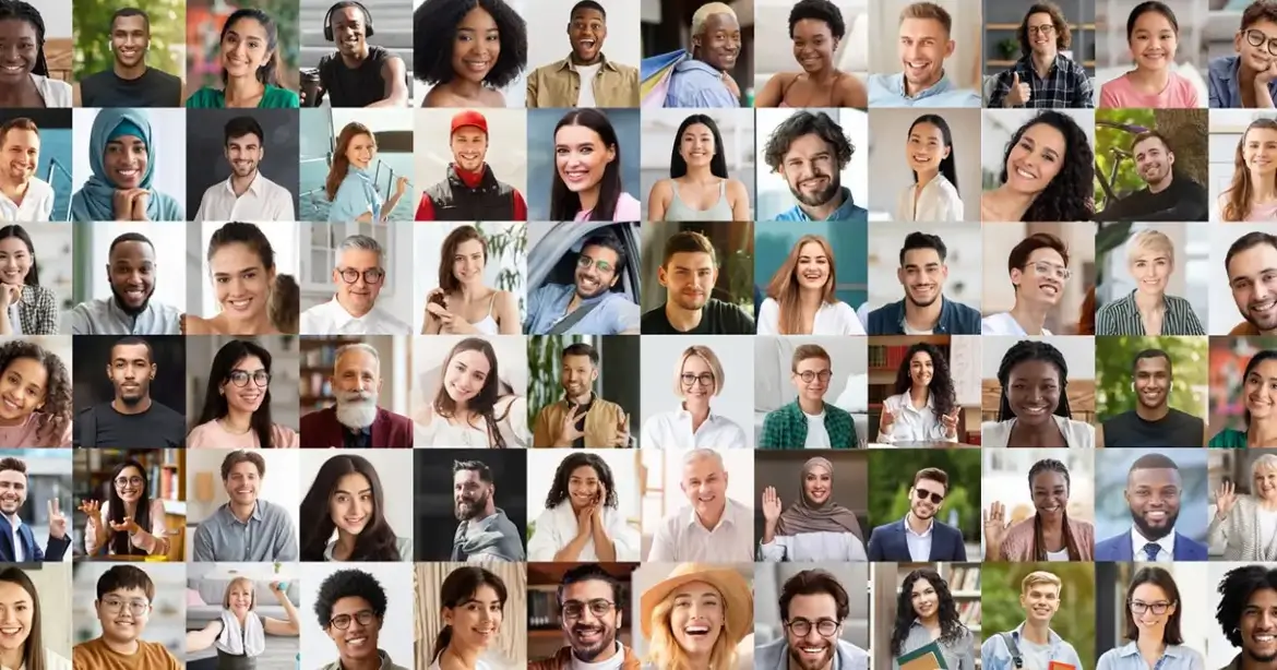 A collage of diverse people smiling, featuring individuals of various ages, genders, and ethnic backgrounds.