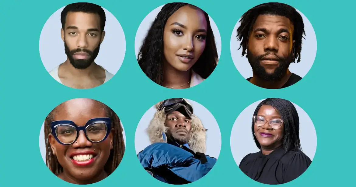 A collage of six diverse individuals against a turquoise background, each in a circular frame. The top row features two men and a woman, while the bottom row includes a woman with glasses, a...