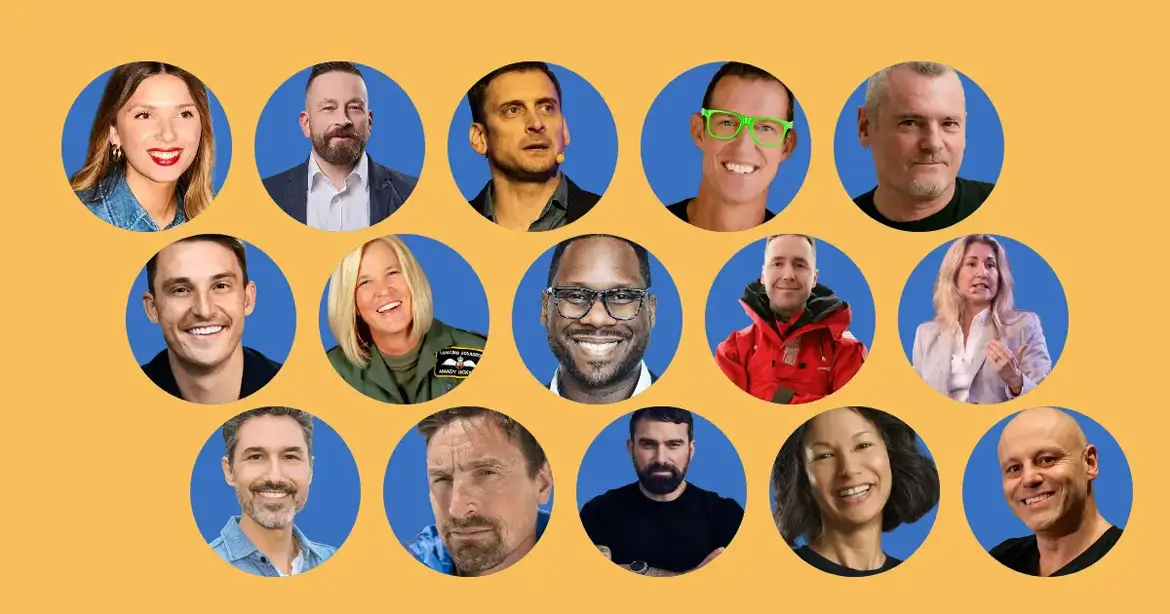A collage of 16 people, each in a circular frame against a blue background, arranged on a yellow backdrop. The individuals are diverse in appearance, with a mix of genders and expressions.