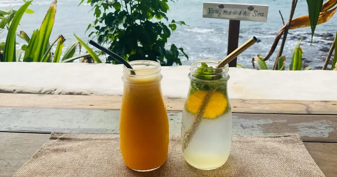 Two drinks in glass bottles on a table overlooking the ocean. The left drink is orange with a black straw, and the right drink is clear with lemon slices, mint, and a metal straw. A sign in...
