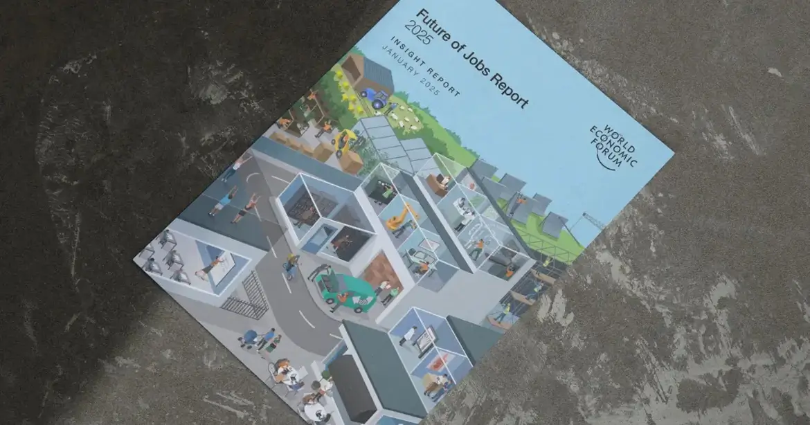 Cover of the "Future of Jobs Report 2023" by the World Economic Forum, featuring an illustrated cityscape with people engaging in various activities, technology, and transportation.